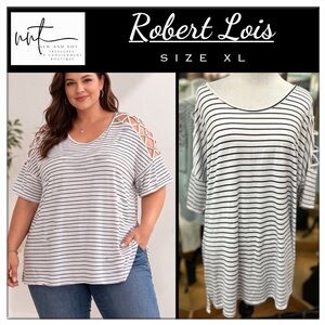 Robert Louis XL Striped Cold Shoulder Top Criss Cross Sleeve Black White